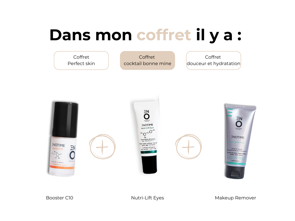 Dans mon coffret Cocktail Bonne Mine, il y a = Booster C10 + Nutri-Lift Eyes + Makeup Remover